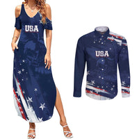 Personalized Fourth Of July USA Couples Matching Summer Maxi Dress and Long Sleeve Button Shirt The Stars and Eagle