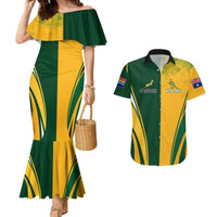 Green and yellow off-shoulder mermaid dress with matching short-sleeve rugby shirt