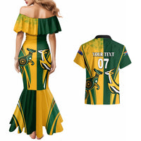 Green and yellow mermaid dress with matching rugby shirt showing “YOUR TEXT 07”