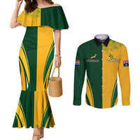 Green and yellow mermaid dress with off-shoulder ruffle; matching long-sleeve button shirt