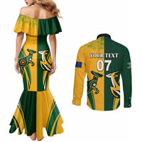 Off-shoulder green and yellow mermaid dress; matching shirt back shows “YOUR TEXT 07”