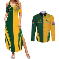 Green and yellow rugby style maxi dress with cold shoulders and matching long-sleeve button shirt