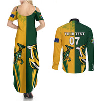 Green and yellow maxi dress and long-sleeve button shirt with custom back text