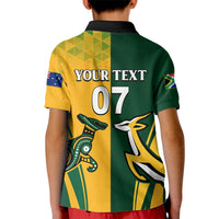 Kids rugby polo shirt back, green/yellow panels, 'YOUR TEXT' 07, kangaroo graphic