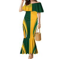 Women’s off-shoulder mermaid dress in green and yellow with graphic rugby-style print