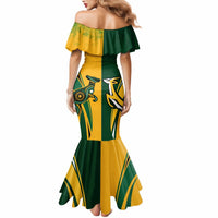 Women’s off-shoulder mermaid dress, green and yellow graphic print, back view