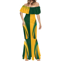 Women’s off-shoulder mermaid dress with green and yellow panels and ruffled neckline