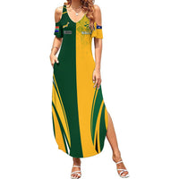 Women’s off-shoulder rugby maxi dress, green and yellow with graphic crest panels