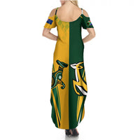 Women’s open-back rugby maxi dress with spaghetti straps, green/yellow graphic panels