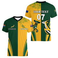 Personalised Australia Mix South Africa Rugby Women V Neck T Shirt Wallabies And Springboks - Champions Special Ver - Wonder Print Shop