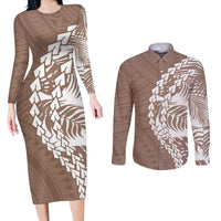 Polynesian Pride Couples Matching Long Sleeve Bodycon Dress and Long Sleeve Button Shirts Polynesia Tribal - Tropical Brown LT7 - Wonder Print Shop