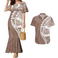 Brown mermaid dress with off-shoulder ruffle and tribal leaf print; matching aloha shirt