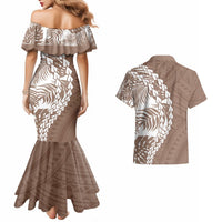 Brown off-shoulder mermaid dress and short-sleeve aloha shirt with white tribal pattern