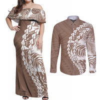 Polynesian Pride Couples Matching Off Shoulder Maxi Dress and Long Sleeve Button Shirts Polynesia Tribal - Tropical Brown LT7 - Wonder Print Shop