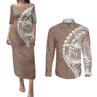 Polynesian Pride Couples Matching Puletasi Dress and Long Sleeve Button Shirts Polynesia Tribal - Tropical Brown LT7 - Wonder Print Shop