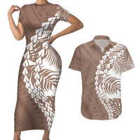 Brown bodycon midi dress and short-sleeve Hawaiian shirt set with tribal white print