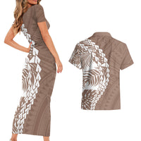 Brown couples dress and Hawaiian shirt set with tribal white geometric and leaf print