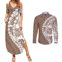 Brown tribal print maxi dress and long-sleeve button shirt set, front view