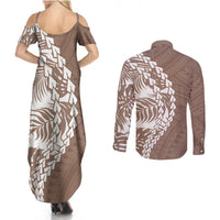 Brown tribal print maxi dress and long-sleeve button shirt set, back view