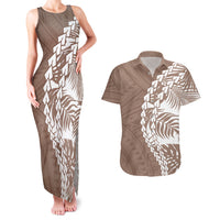 Brown sleeveless maxi tank dress and short-sleeve button shirt with white tribal print