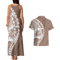 Brown sleeveless maxi tank dress and short-sleeve shirt, back view, white tribal print