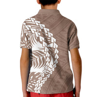 Kids brown polo shirt, back view, white tropical tribal print