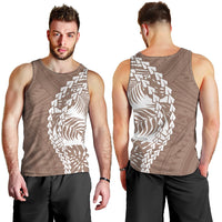 Brown tank top with white tribal print shown front and back on model