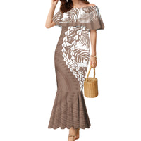 Brown off-shoulder mermaid dress with tribal geometric and leaf print, fitted bodice