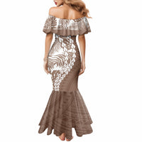 Brown off-shoulder mermaid dress, back view with tribal geometric leaf pattern