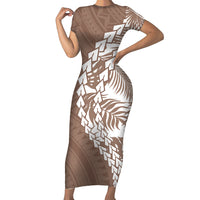 Brown short-sleeve bodycon midi dress with Polynesian tribal white geometric print