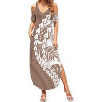 Women’s brown tropical tribal print cold-shoulder maxi dress with V-neck slit