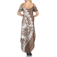 Women’s brown tribal print backless maxi dress with square neckline and cut sleeves