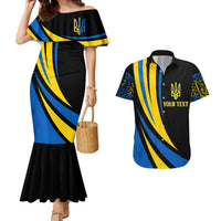 Off-shoulder mermaid-style dress and matching short-sleeve shirt with trident print