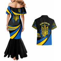 Mermaid dress and short-sleeve shirt with back trident graphic, off-shoulder style