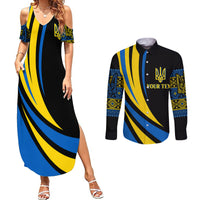 Black off-shoulder maxi dress with blue/yellow wave print and trident emblem