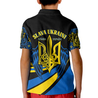 Kids black polo shirt with 'SLAVA UKRAINI' back print and winged trident graphic