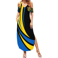 Women's black cold-shoulder maxi dress with blue-and-yellow wave graphic, V-neck