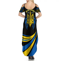 Women's black cold-shoulder maxi dress with blue-yellow swirls and trident emblem, back