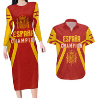Personalised Spain Football Couples Matching Long Sleeve Bodycon Dress and Hawaiian Shirt World Cup Campeona 2023 La Roja LT7 - Wonder Print Shop