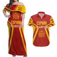 Personalised Spain Football Couples Matching Off Shoulder Maxi Dress and Hawaiian Shirt World Cup Campeona 2023 La Roja LT7 - Wonder Print Shop