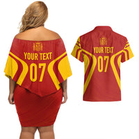 Personalised Spain Football Couples Matching Off Shoulder Short Dress and Hawaiian Shirt World Cup Campeona 2023 La Roja LT7 - Wonder Print Shop