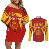 Personalised Spain Football Couples Matching Off Shoulder Short Dress and Long Sleeve Button Shirts World Cup Campeona 2023 La Roja LT7 - Wonder Print Shop