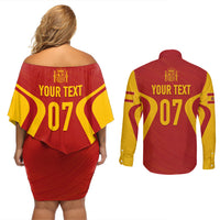 Personalised Spain Football Couples Matching Off Shoulder Short Dress and Long Sleeve Button Shirts World Cup Campeona 2023 La Roja LT7 - Wonder Print Shop