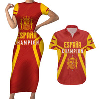 Personalised Spain Football Couples Matching Short Sleeve Bodycon Dress and Hawaiian Shirt World Cup Campeona 2023 La Roja LT7 - Wonder Print Shop