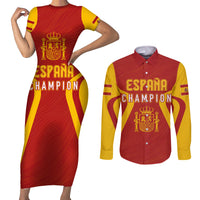 Personalised Spain Football Couples Matching Short Sleeve Bodycon Dress and Long Sleeve Button Shirts World Cup Campeona 2023 La Roja LT7 - Wonder Print Shop