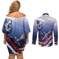 Tuskegee Airmen Red Tails Couples Matching Off Shoulder Short Dress and Long Sleeve Button Shirt Straighten Up and Fly Right - Blue White - Wonder Print Shop