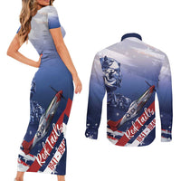Tuskegee Airmen Red Tails Couples Matching Short Sleeve Bodycon Dress and Long Sleeve Button Shirt Straighten Up and Fly Right - Blue White - Wonder Print Shop