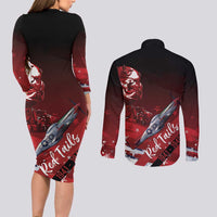 Tuskegee Airmen Red Tails Couples Matching Long Sleeve Bodycon Dress and Long Sleeve Button Shirt Straighten Up and Fly Right - Black Red - Wonder Print Shop