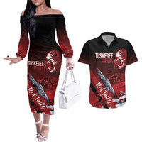 Tuskegee Airmen Red Tails Couples Matching Off The Shoulder Long Sleeve Dress and Hawaiian Shirt Straighten Up and Fly Right - Black Red - Wonder Print Shop