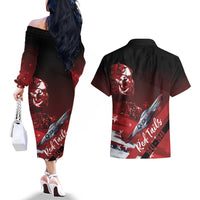 Tuskegee Airmen Red Tails Couples Matching Off The Shoulder Long Sleeve Dress and Hawaiian Shirt Straighten Up and Fly Right - Black Red - Wonder Print Shop